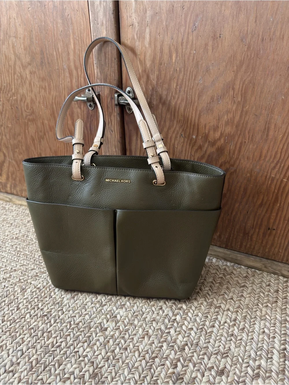 Michael Kors Olive Green Tote with Beige Straps